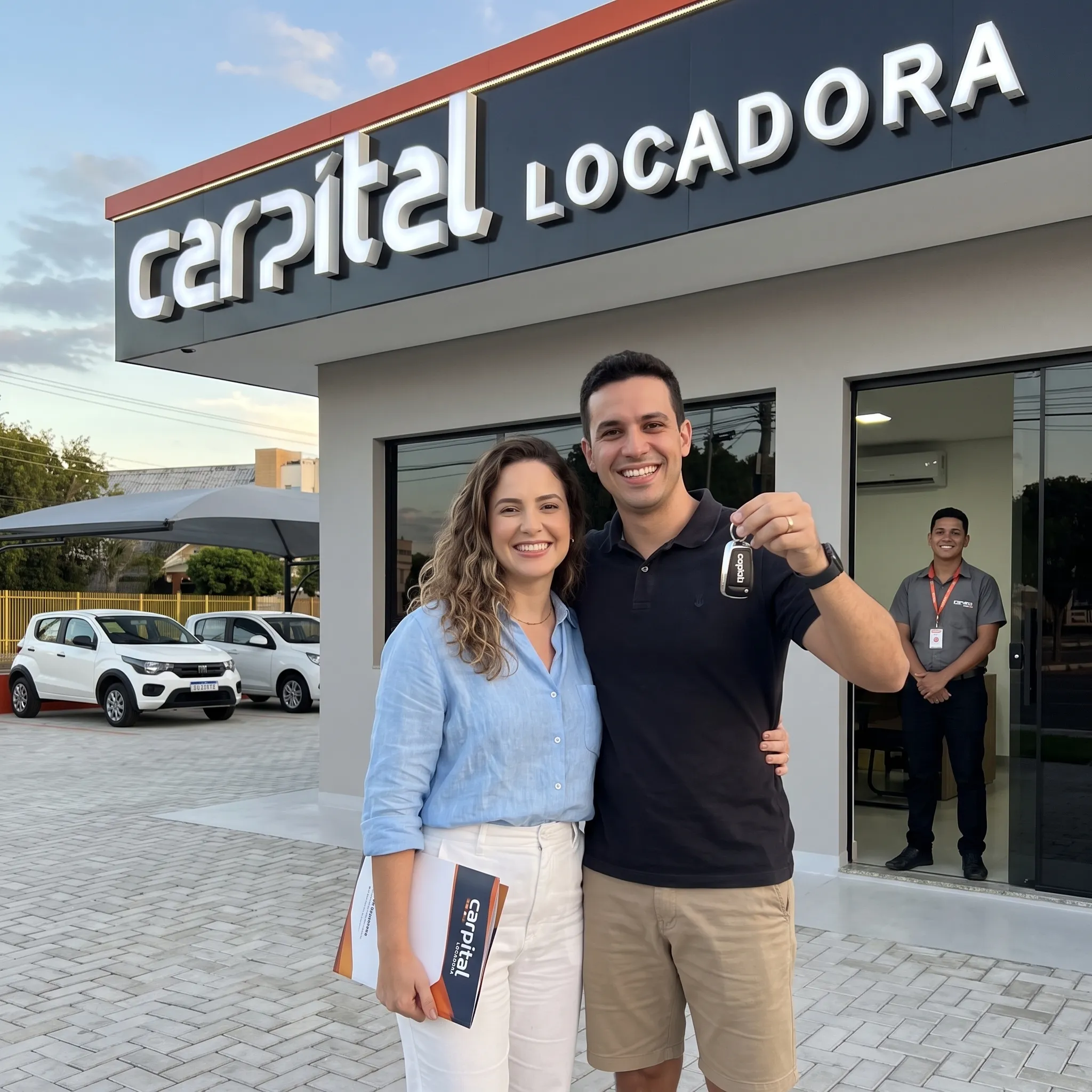 Casal sorrindo em frente à loja da Carpital Locadora, o homem segurando a chave do carro alugado